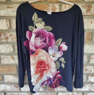 Chico's NWT Touch Of Cool Rustic Blooms LS Tee Sz 2 (L) Casual Mixed Media
